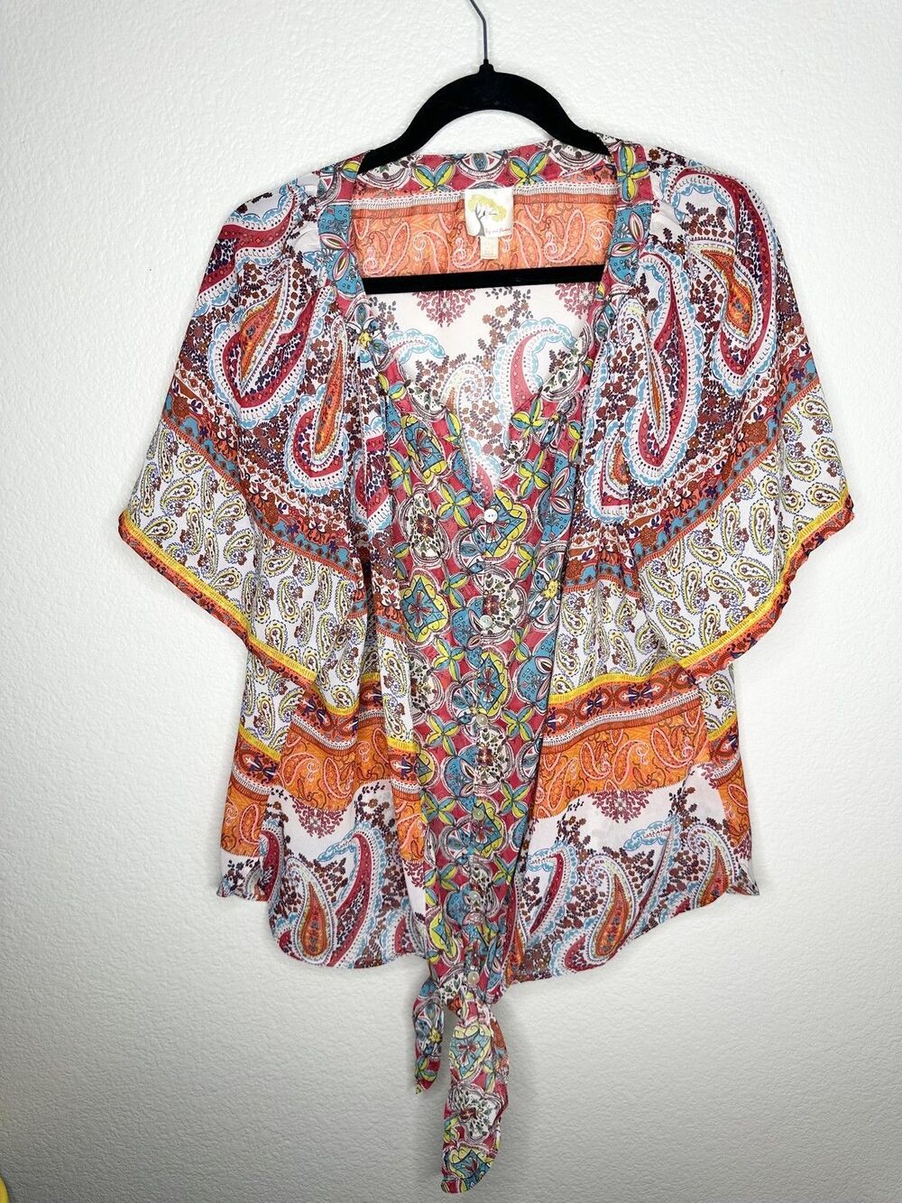 Fig and Flower Blouse Womens 2X Multicolor Paisley Kimono Tie Front Bohemian Top